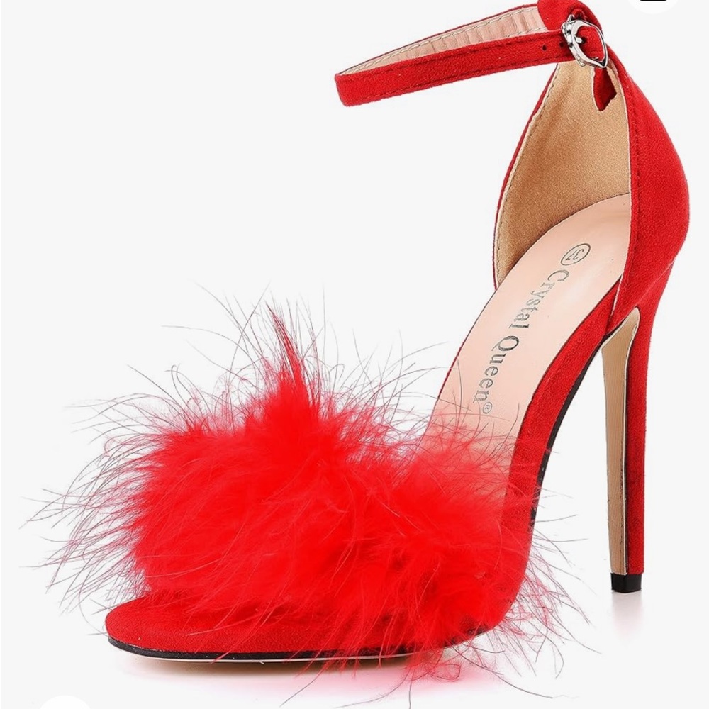 Crystal Queen red Feather Stiletto Heels